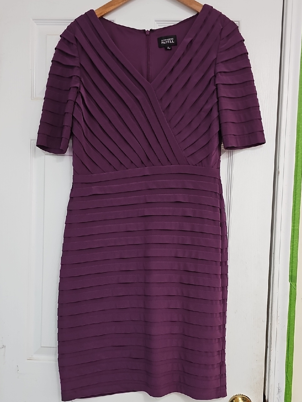 Adrianna Papell Deep Plum Pleated V-Neck Midi Dress